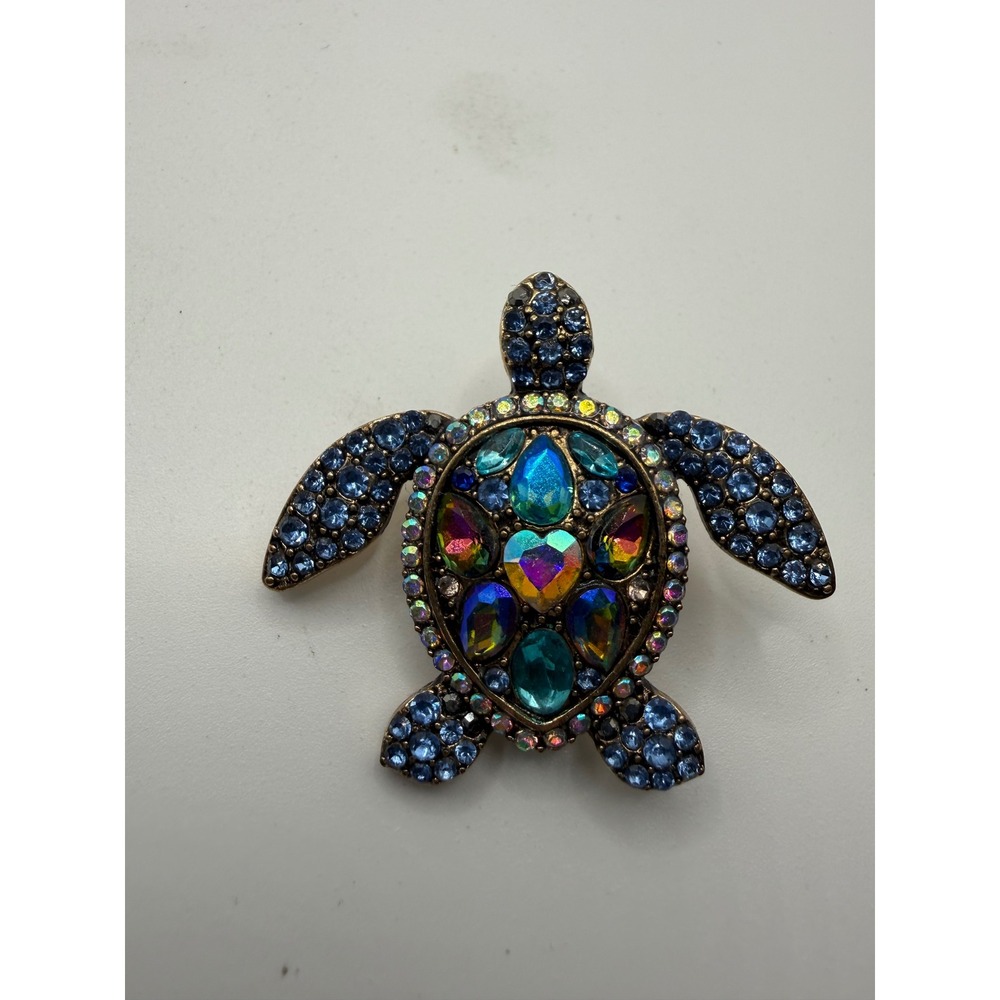 Blue Crystal Sea Turtle Brooch Antique‎ Gold Tone Aurora Borealis Rhinestone Pin